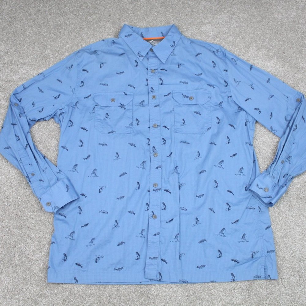 Croft & Barrow Quick-Dry AOP Shirt Mens XL Blue All Over Fish Print L/S‎ Button